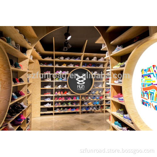 Sport shoes retail shop decoration sneaker wooden display shelf round display cases with LED signs
